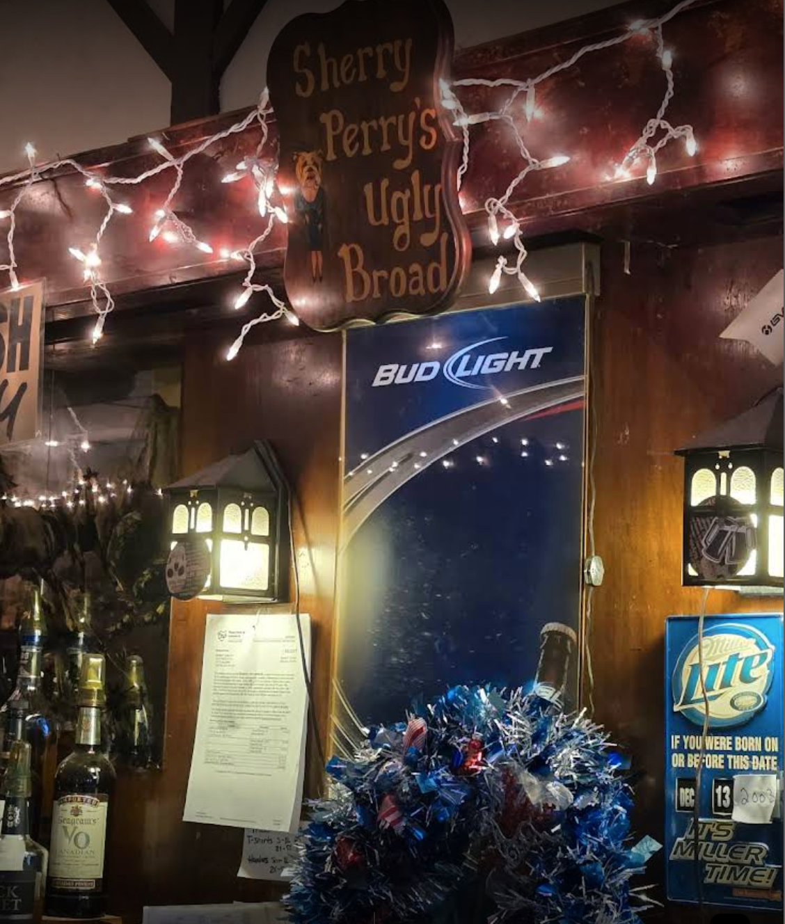 Close-up of decorations behind the bar.