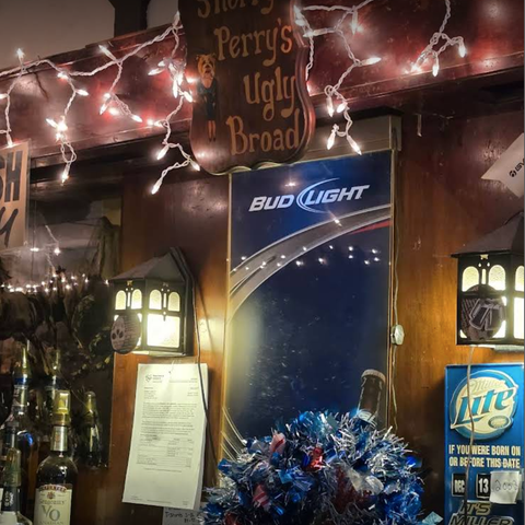 Close-up of decorations behind the bar.